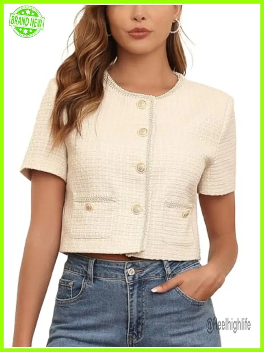 Cropped Tweed Blazer Short Sleeve Open Front Business Casual Cardigan